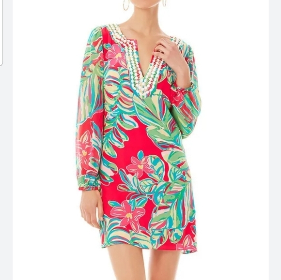 Lilly Pulitzer Seamus Pomegranate Jungle Tumble Print Silk Beaded Collar Dress 0 - Picture 1 of 16